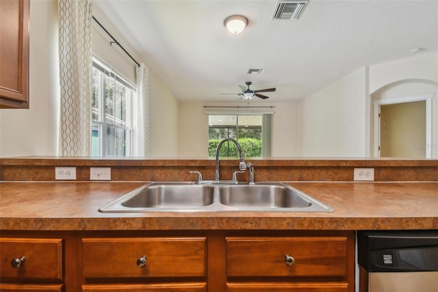 kitchen featuring dishwasher, ceiling fan, and sink