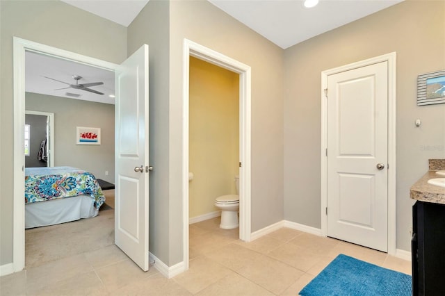 bathroom featuring tile patterned floors, ceiling fan, toilet, and vanity