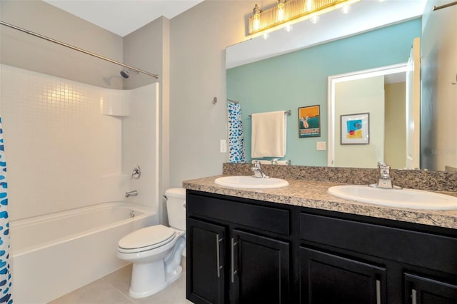 full bathroom featuring tile patterned flooring, vanity, toilet, and shower / tub combo with curtain