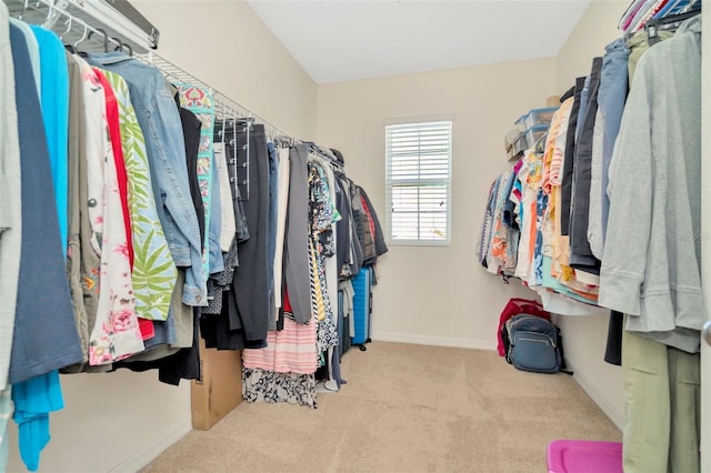 walk in closet featuring light carpet