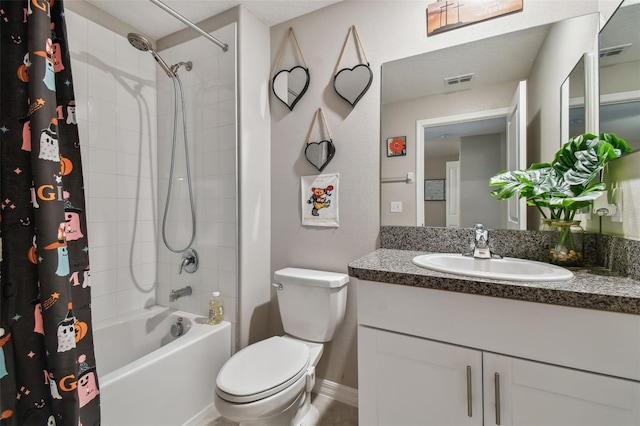 full bathroom with shower / bathtub combination with curtain, toilet, and vanity