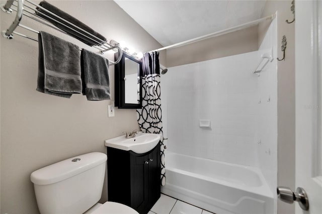 full bathroom with tile patterned flooring, vanity, toilet, and shower / bathtub combination with curtain