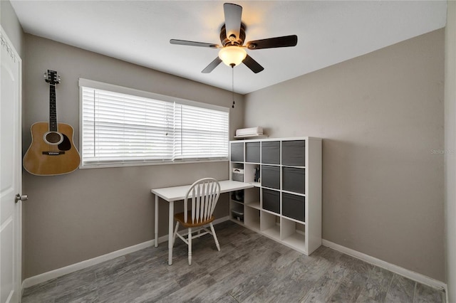 unfurnished office with ceiling fan and hardwood / wood-style flooring