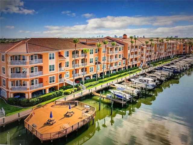 view of building exterior with a water view