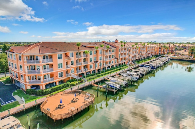 bird's eye view with a water view