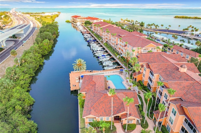 drone / aerial view featuring a water view