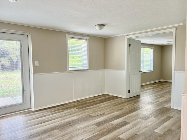 empty room with plenty of natural light, a textured ceiling, and light hardwood / wood-style flooring