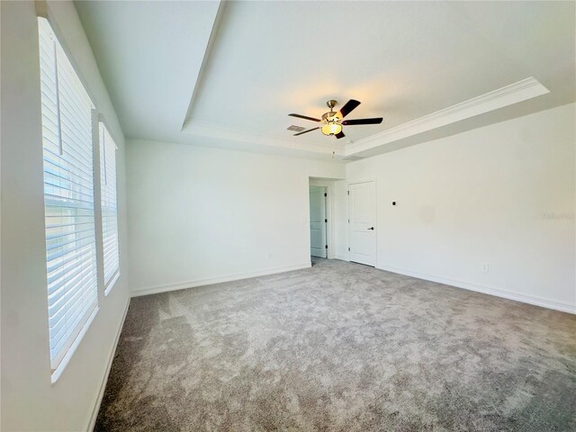 spare room with a raised ceiling, carpet flooring, ornamental molding, and ceiling fan