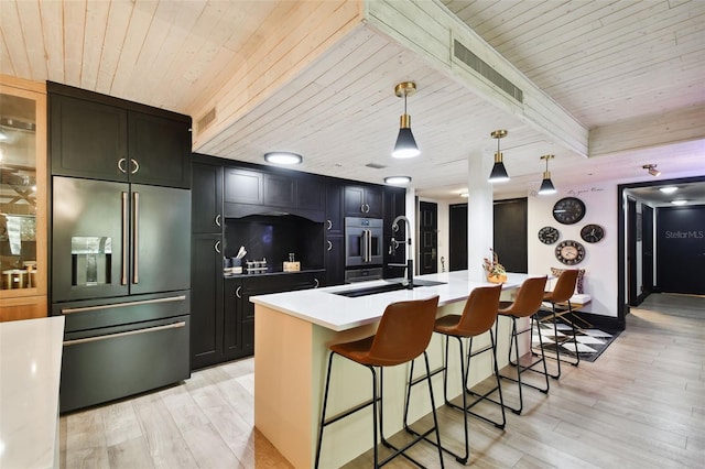 kitchen with hanging light fixtures, stainless steel appliances, sink, a kitchen bar, and a center island with sink