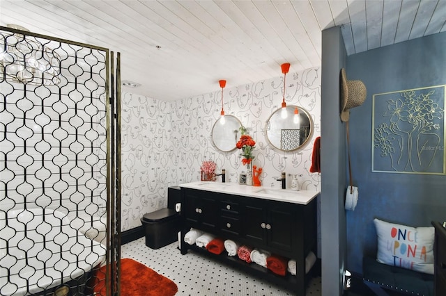 bathroom with vanity, toilet, an enclosed shower, and wood ceiling