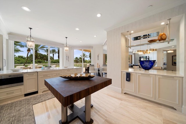 interior space with crown molding, pendant lighting, light stone counters, and sink