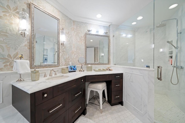 bathroom featuring ornamental molding, vanity, and walk in shower