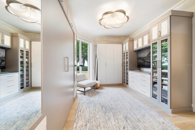 mudroom with crown molding and light hardwood / wood-style flooring