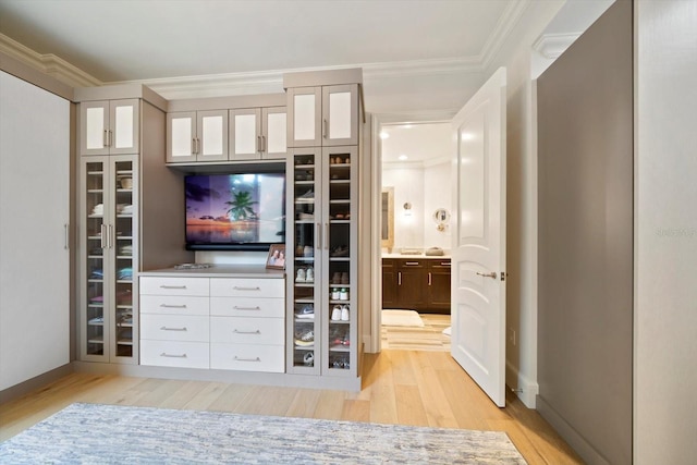 interior space featuring ornamental molding, light hardwood / wood-style flooring, and white cabinets