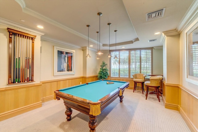 recreation room featuring crown molding, light carpet, a tray ceiling, and pool table