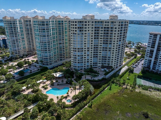 birds eye view of property featuring a water view