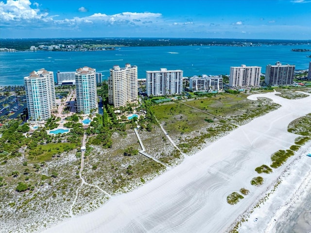 drone / aerial view with a water view and a beach view