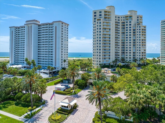 exterior space with a water view