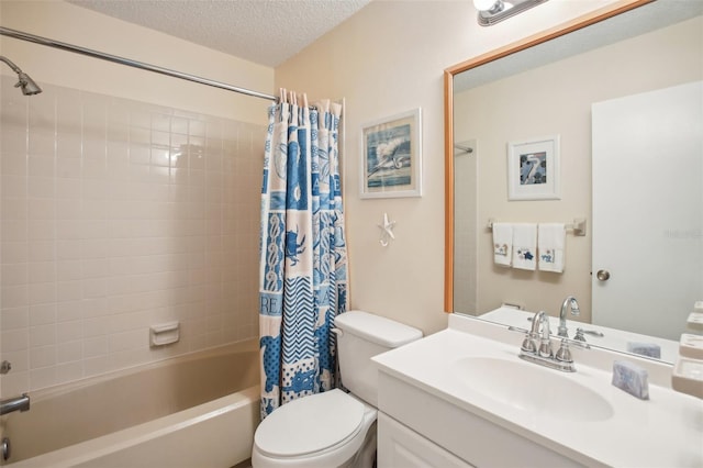 full bathroom featuring toilet, shower / tub combo, a textured ceiling, and vanity