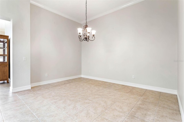 tiled empty room featuring ornamental molding and an inviting chandelier