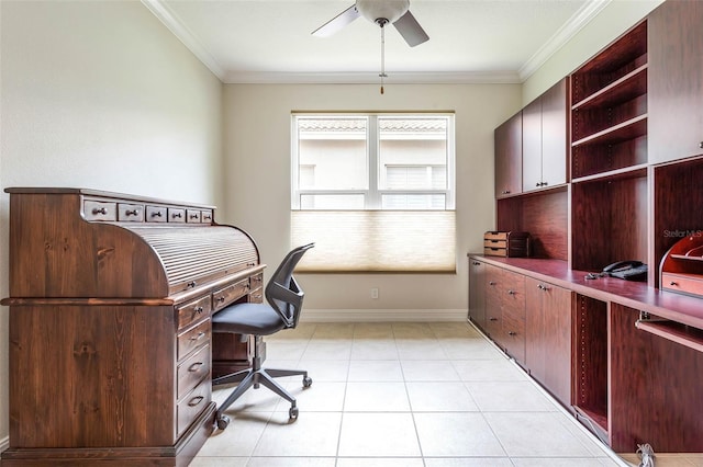 office featuring ceiling fan, light tile patterned floors, and ornamental molding