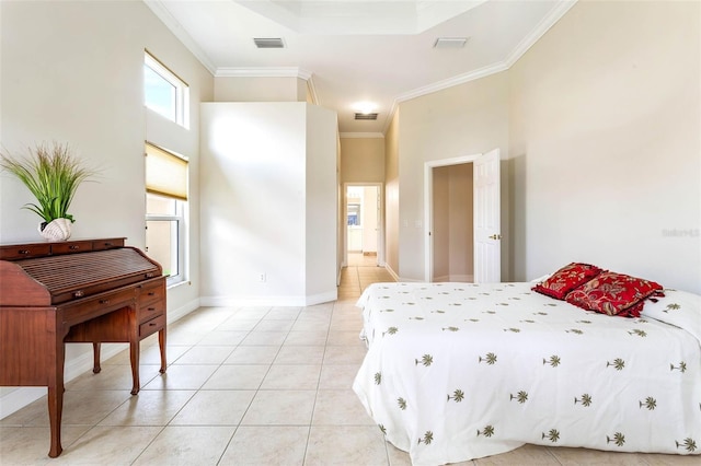 bedroom featuring light tile patterned floors and ornamental molding