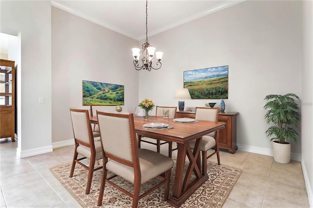 dining room with ornamental molding, light tile patterned floors, and a chandelier