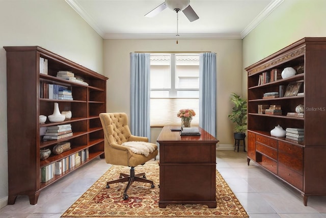 tiled office space featuring ceiling fan and crown molding