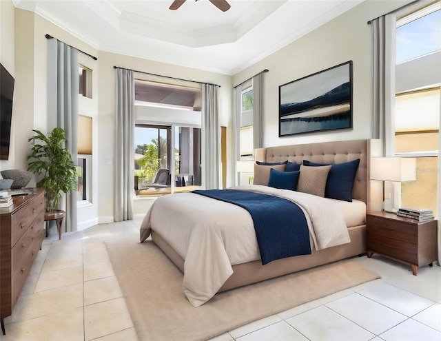 tiled bedroom featuring a raised ceiling, ceiling fan, and crown molding