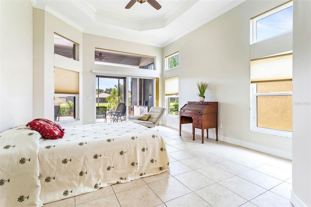 tiled bedroom featuring ceiling fan, access to exterior, crown molding, and multiple windows