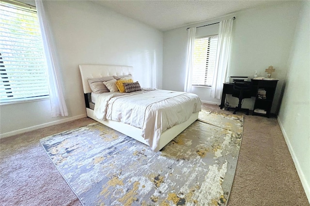 carpeted bedroom with a textured ceiling