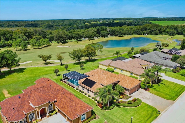 bird's eye view featuring golf course view and a water view