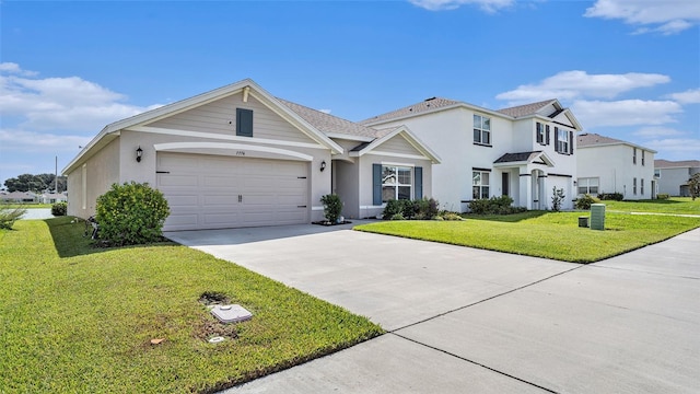 7774 Sail Clover Ln, Zephyrhills, FL 33540 - view of front of home with driveway, a front yard, an attached garage, and stucco siding