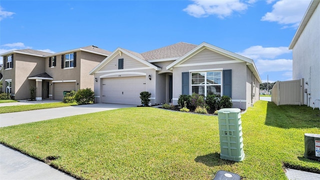 7774 Sail Clover Ln, Zephyrhills, FL 33540 - view of front of property with stucco siding, an attached garage, driveway, a front lawn, and a shingled roof