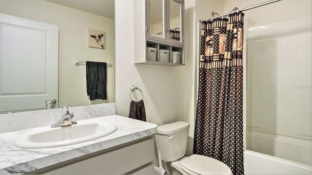 7774 Sail Clover Ln, Zephyrhills, FL 33540 - bathroom featuring a textured ceiling, toilet, shower / bath combo with shower curtain, and vanity