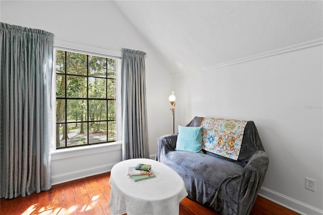 sitting room featuring hardwood / wood-style flooring, vaulted ceiling, and a wealth of natural light