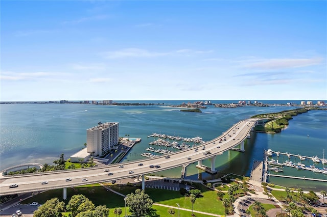 drone / aerial view with a water view