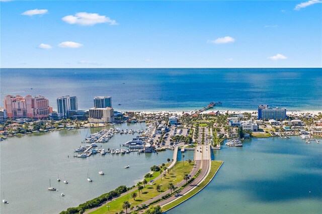 bird's eye view with a water view