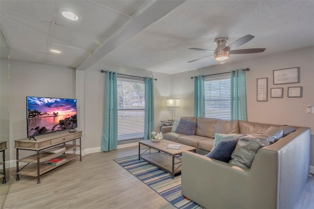 living room with ceiling fan and light hardwood / wood-style floors