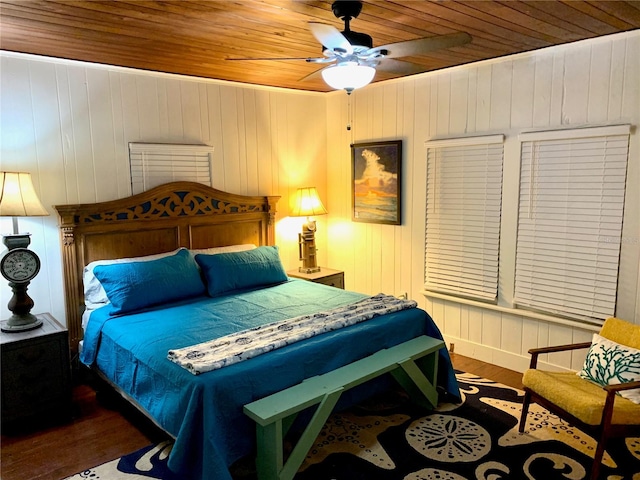 bedroom featuring wood ceiling, ceiling fan, wood walls, and hardwood / wood-style flooring