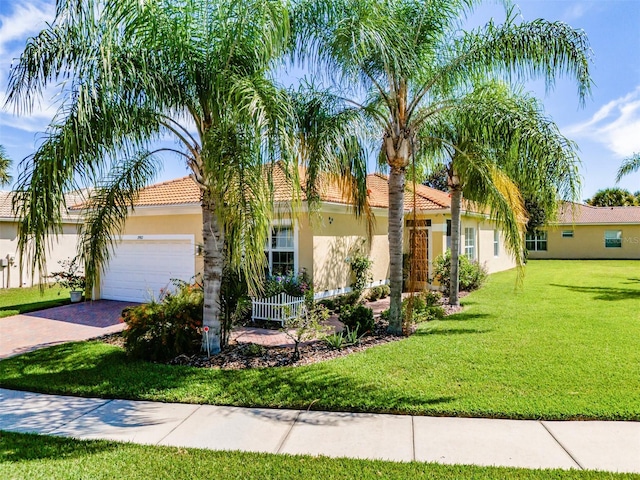 view of front of house with a front lawn and a garage