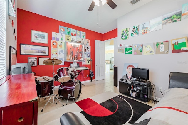 tiled office space with ceiling fan