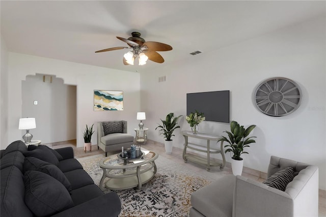 living room with ceiling fan