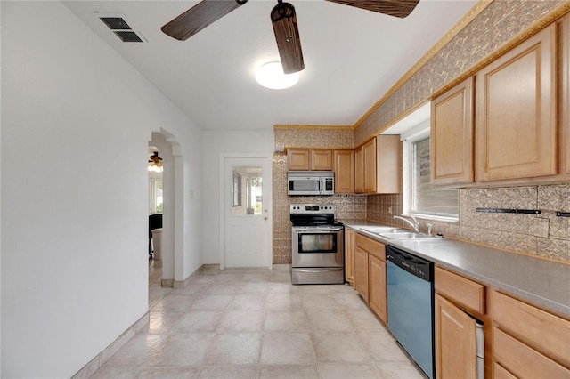 kitchen featuring appliances with stainless steel finishes, sink, ceiling fan, and a wealth of natural light