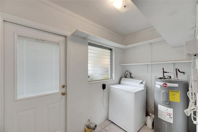 clothes washing area featuring washer / clothes dryer, water heater, light tile patterned floors, and crown molding