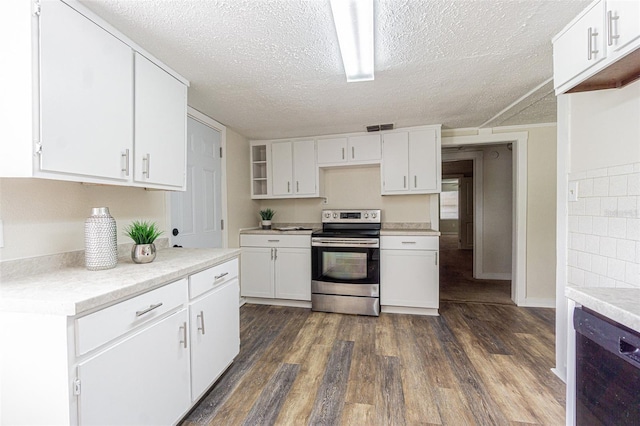 kitchen featuring stainless steel electric range, white cabinetry, a textured ceiling, black dishwasher, and dark hardwood / wood-style floors