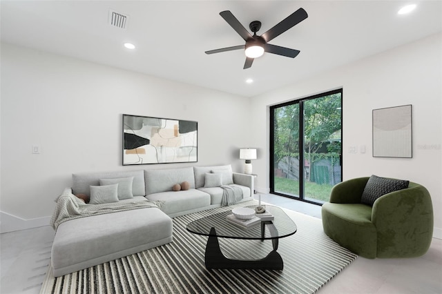 living room featuring ceiling fan