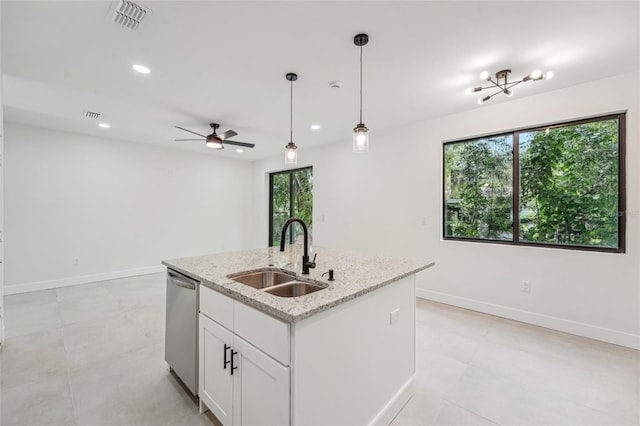 kitchen with ceiling fan, dishwasher, a wealth of natural light, and sink