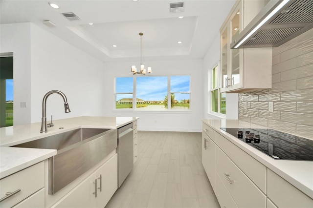 kitchen with visible vents, range hood, stainless steel dishwasher, a raised ceiling, and a sink