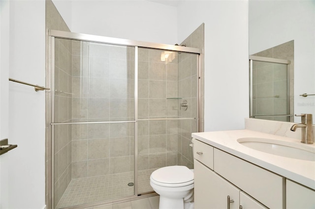 bathroom with vanity, toilet, and a stall shower